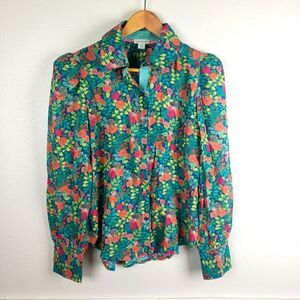 Women's Rosie Vines Bright Floral Puff Shoulder Button Up Shiry Size PM